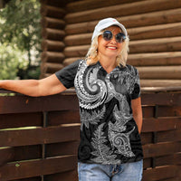 New Zealand Sea Animals with Maori Tribal Tattoo Women Polo Shirt Shark Manta Ray with Silver Fern Black