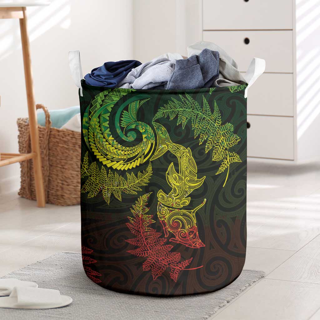 New Zealand Sea Animals with Maori Tribal Tattoo Laundry Basket Shark Manta Ray with Silver Fern Reggae