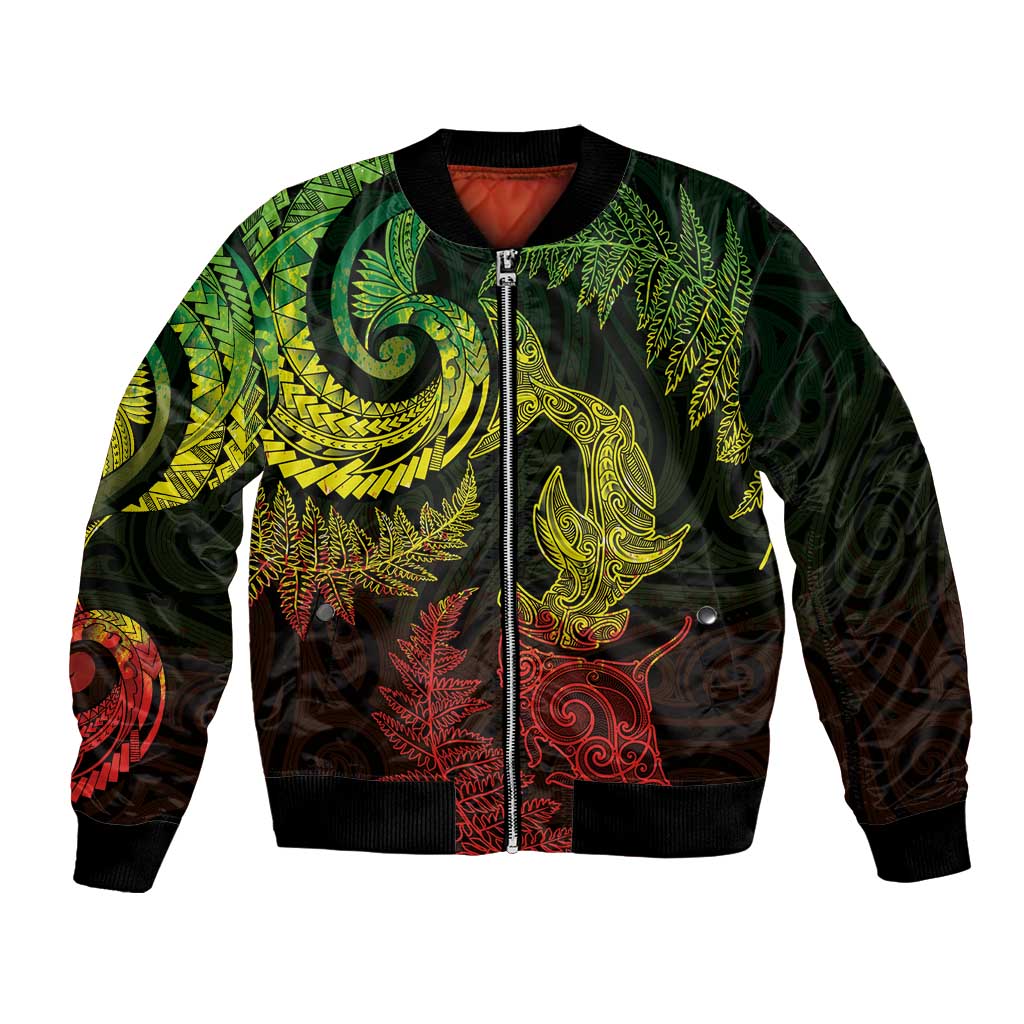 New Zealand Sea Animals with Maori Tribal Tattoo Bomber Jacket Shark Manta Ray with Silver Fern Reggae LT03 Unisex Reggae - Polynesian Pride