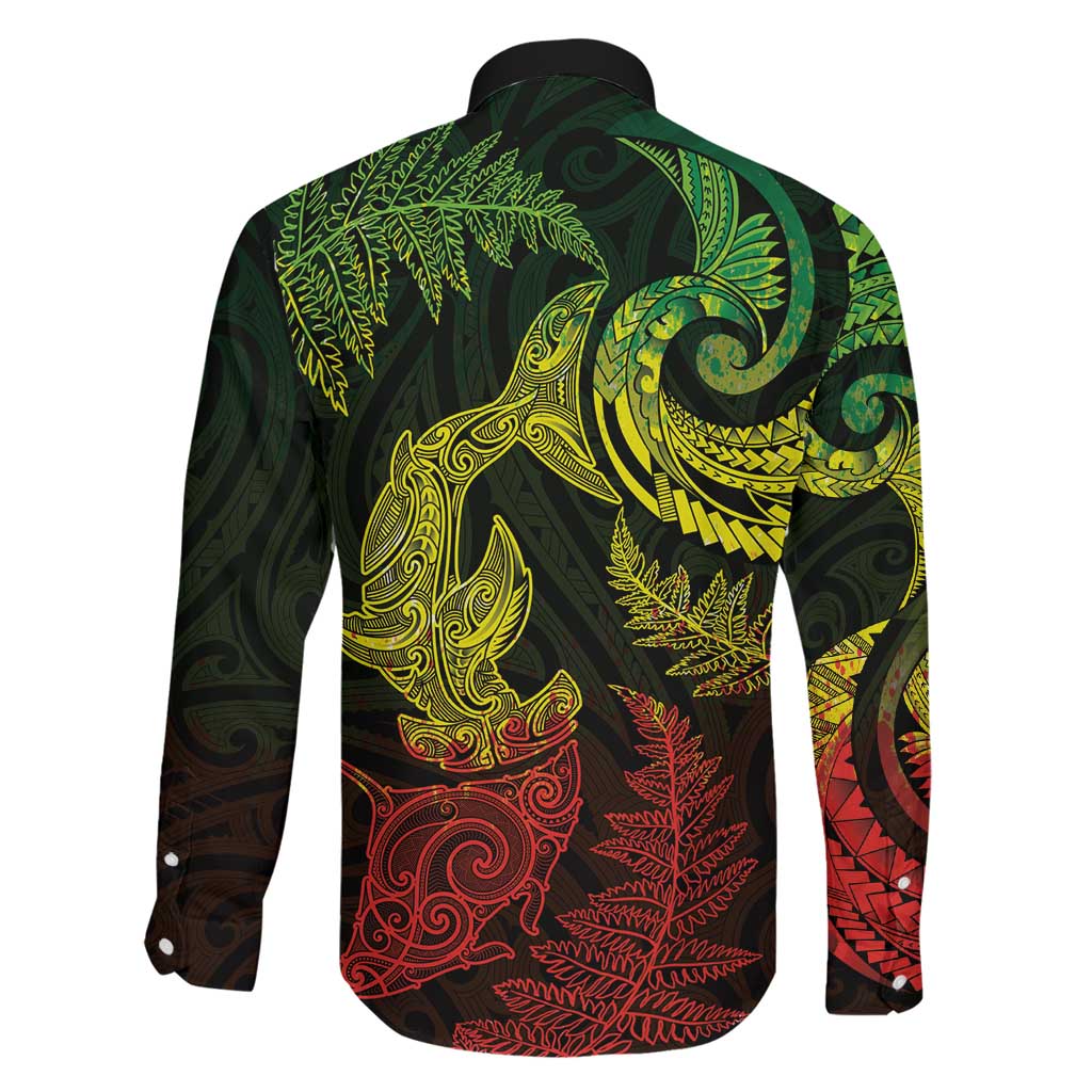 New Zealand Sea Animals with Maori Tribal Tattoo Family Matching Off Shoulder Maxi Dress and Hawaiian Shirt Shark Manta Ray with Silver Fern Reggae LT03 - Polynesian Pride