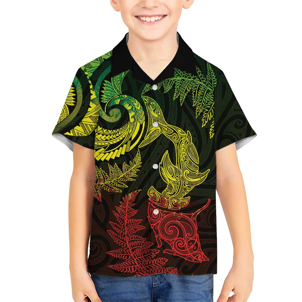 New Zealand Sea Animals with Maori Tribal Tattoo Family Matching Off Shoulder Maxi Dress and Hawaiian Shirt Shark Manta Ray with Silver Fern Reggae LT03 Son's Shirt Reggae - Polynesian Pride