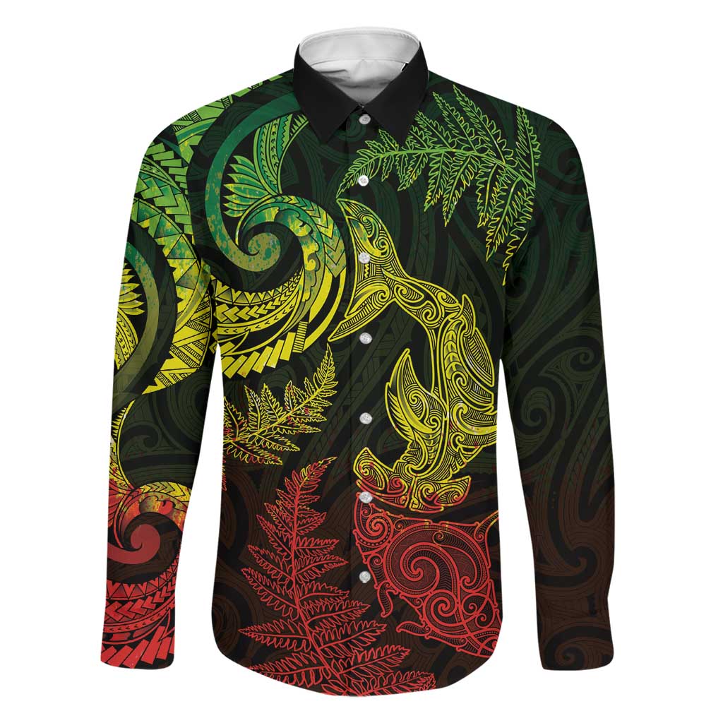 New Zealand Sea Animals with Maori Tribal Tattoo Family Matching Off Shoulder Short Dress and Hawaiian Shirt Shark Manta Ray with Silver Fern Reggae LT03 Dad's Shirt - Long Sleeve Reggae - Polynesian Pride