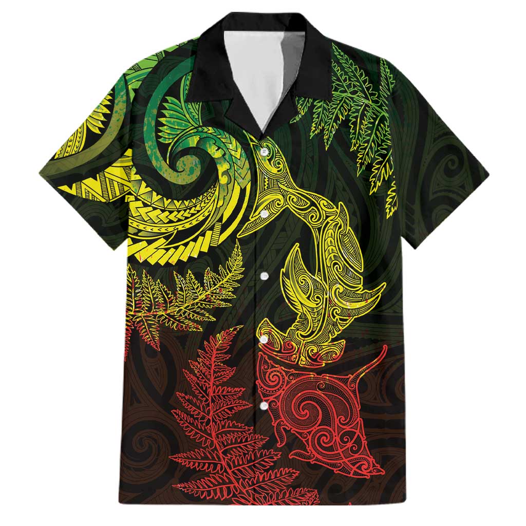 New Zealand Sea Animals with Maori Tribal Tattoo Family Matching Short Sleeve Bodycon Dress and Hawaiian Shirt Shark Manta Ray with Silver Fern Reggae LT03 Dad's Shirt - Short Sleeve Reggae - Polynesian Pride