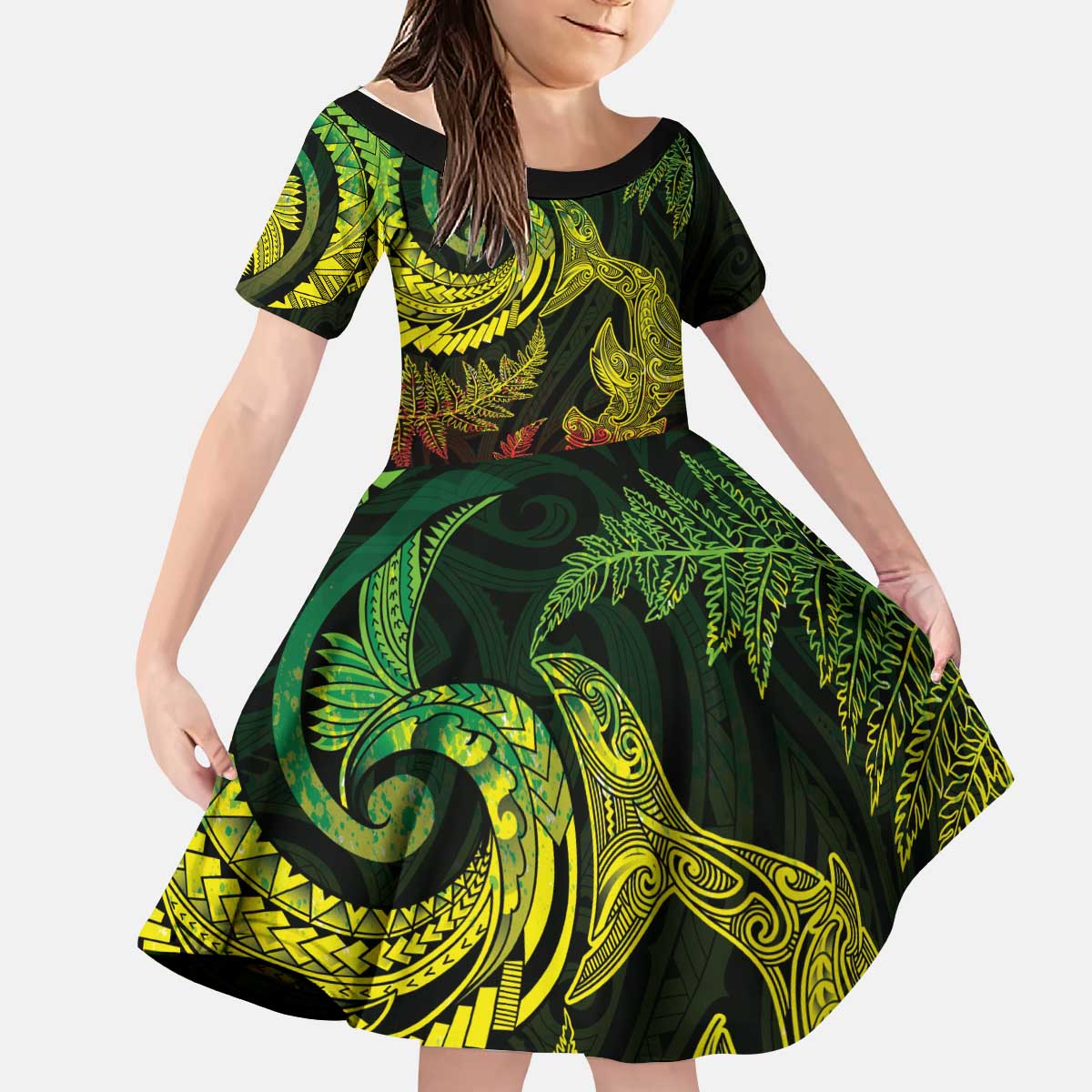 New Zealand Sea Animals with Maori Tribal Tattoo Kid Short Sleeve Dress Shark Manta Ray with Silver Fern Reggae