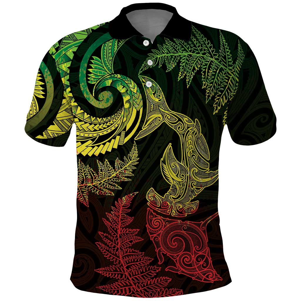 New Zealand Sea Animals with Maori Tribal Tattoo Polo Shirt Shark Manta Ray with Silver Fern Reggae