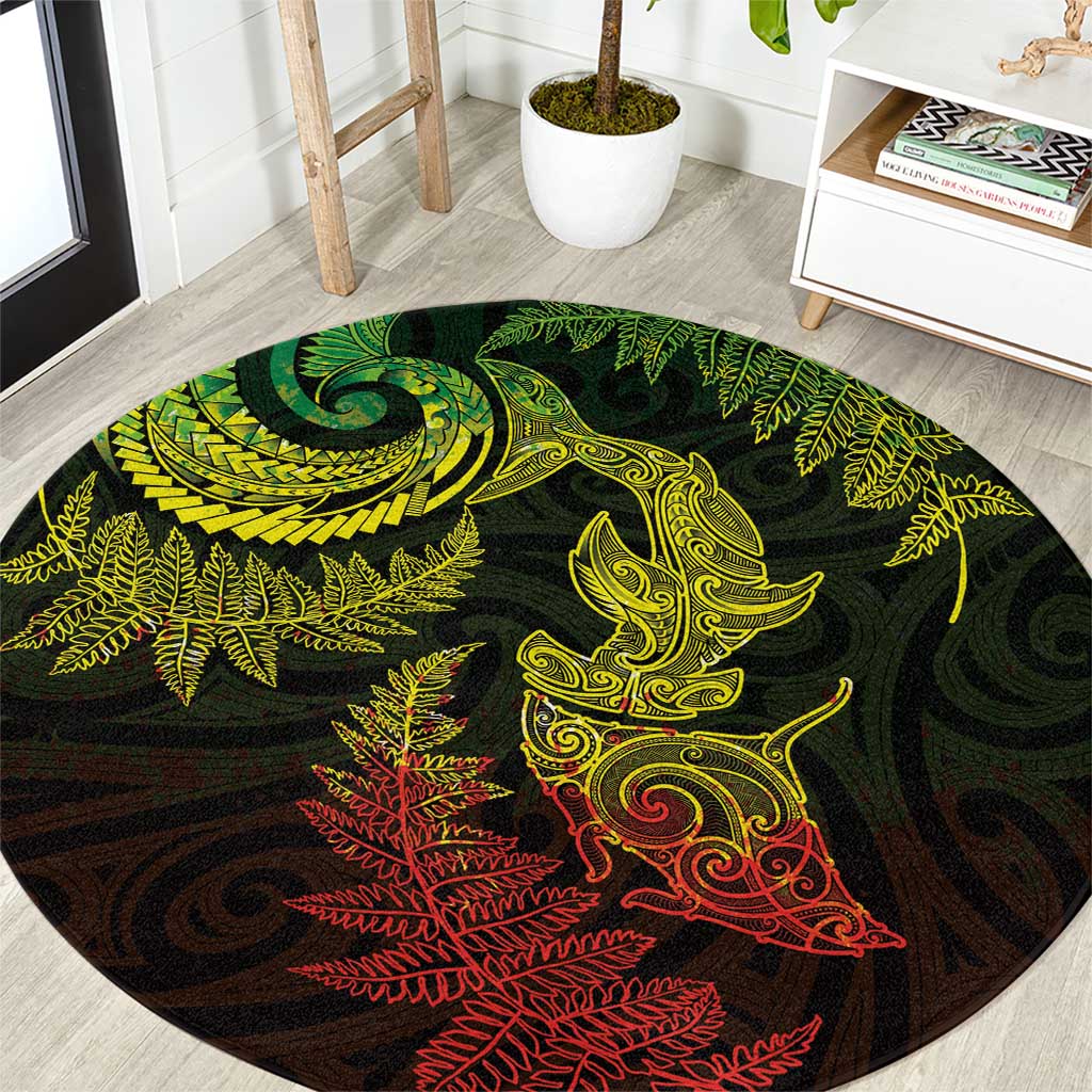 New Zealand Sea Animals with Maori Tribal Tattoo Round Carpet Shark Manta Ray with Silver Fern Reggae