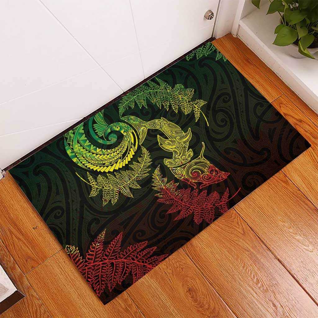 New Zealand Sea Animals with Maori Tribal Tattoo Rubber Doormat Shark Manta Ray with Silver Fern Reggae