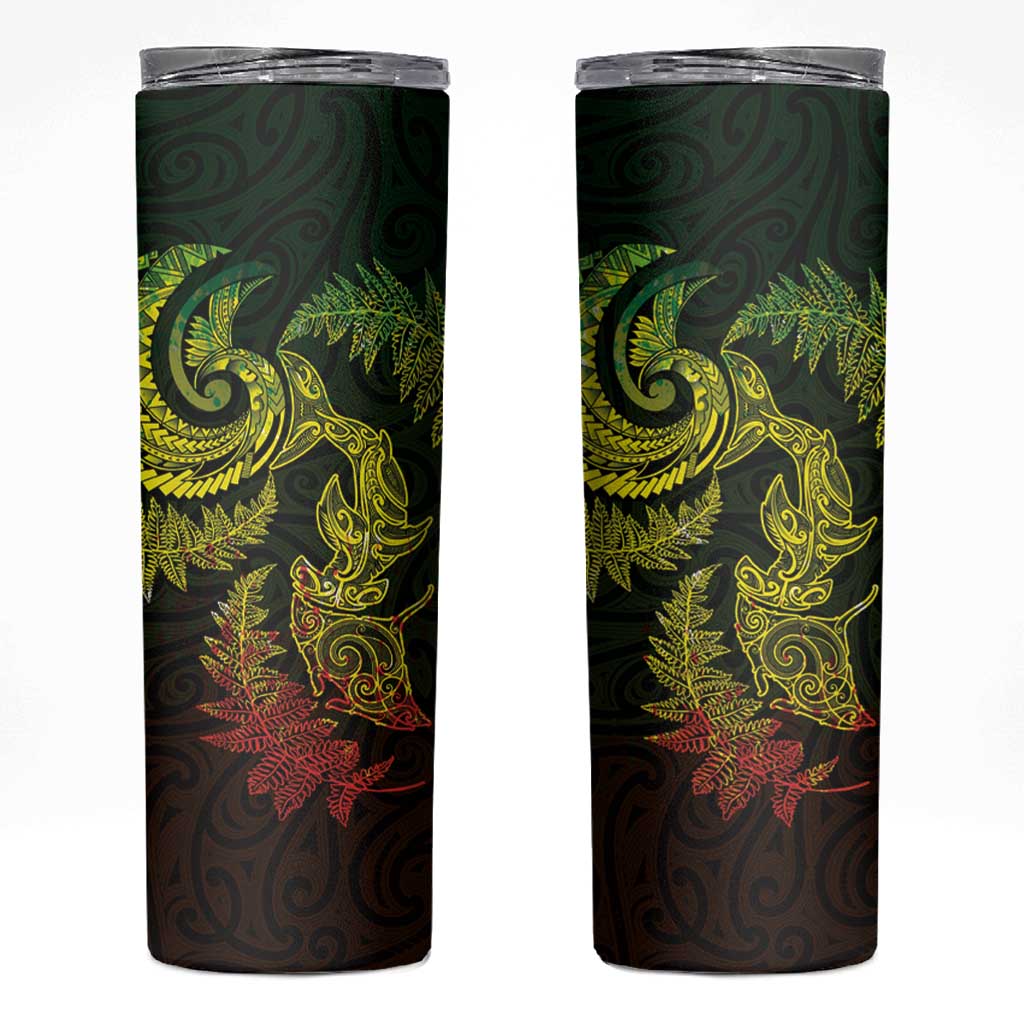 New Zealand Sea Animals with Maori Tribal Tattoo Skinny Tumbler Shark Manta Ray with Silver Fern Reggae