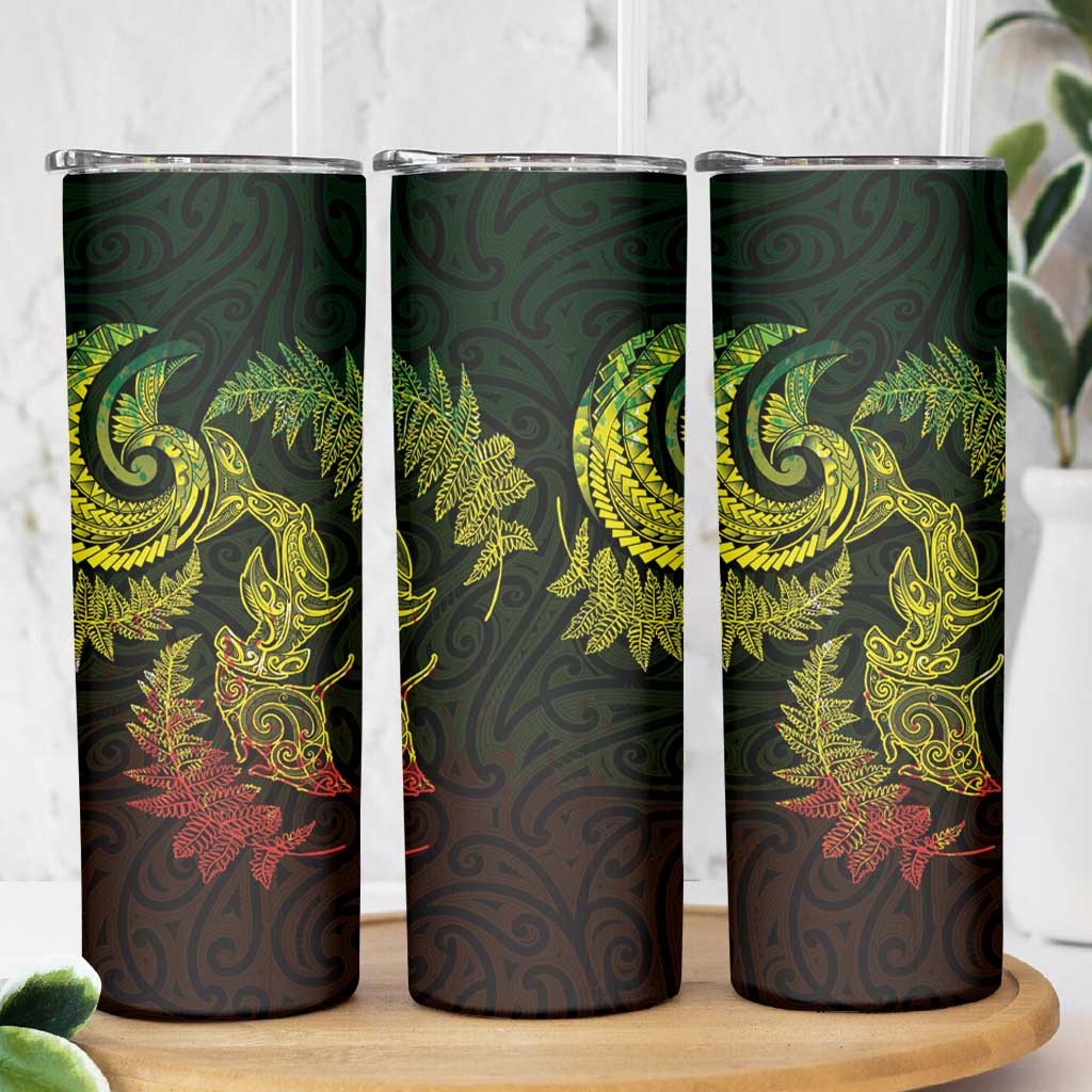 New Zealand Sea Animals with Maori Tribal Tattoo Skinny Tumbler Shark Manta Ray with Silver Fern Reggae