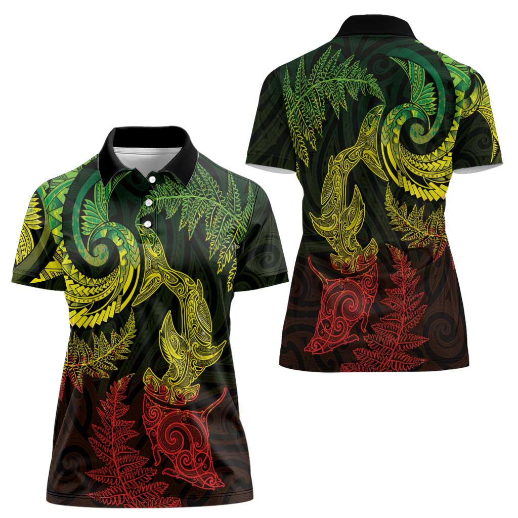 New Zealand Sea Animals with Maori Tribal Tattoo Women Polo Shirt Shark Manta Ray with Silver Fern Reggae