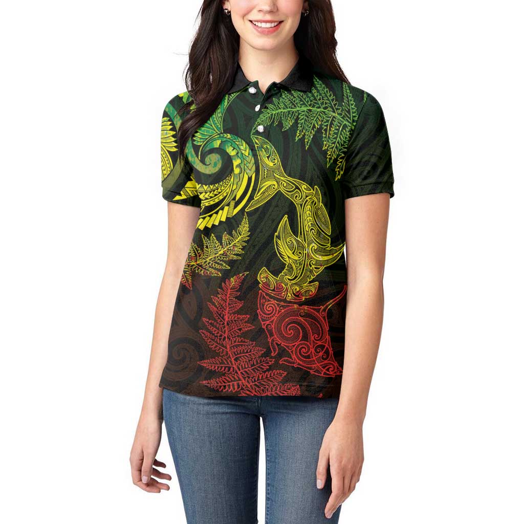 New Zealand Sea Animals with Maori Tribal Tattoo Women Polo Shirt Shark Manta Ray with Silver Fern Reggae