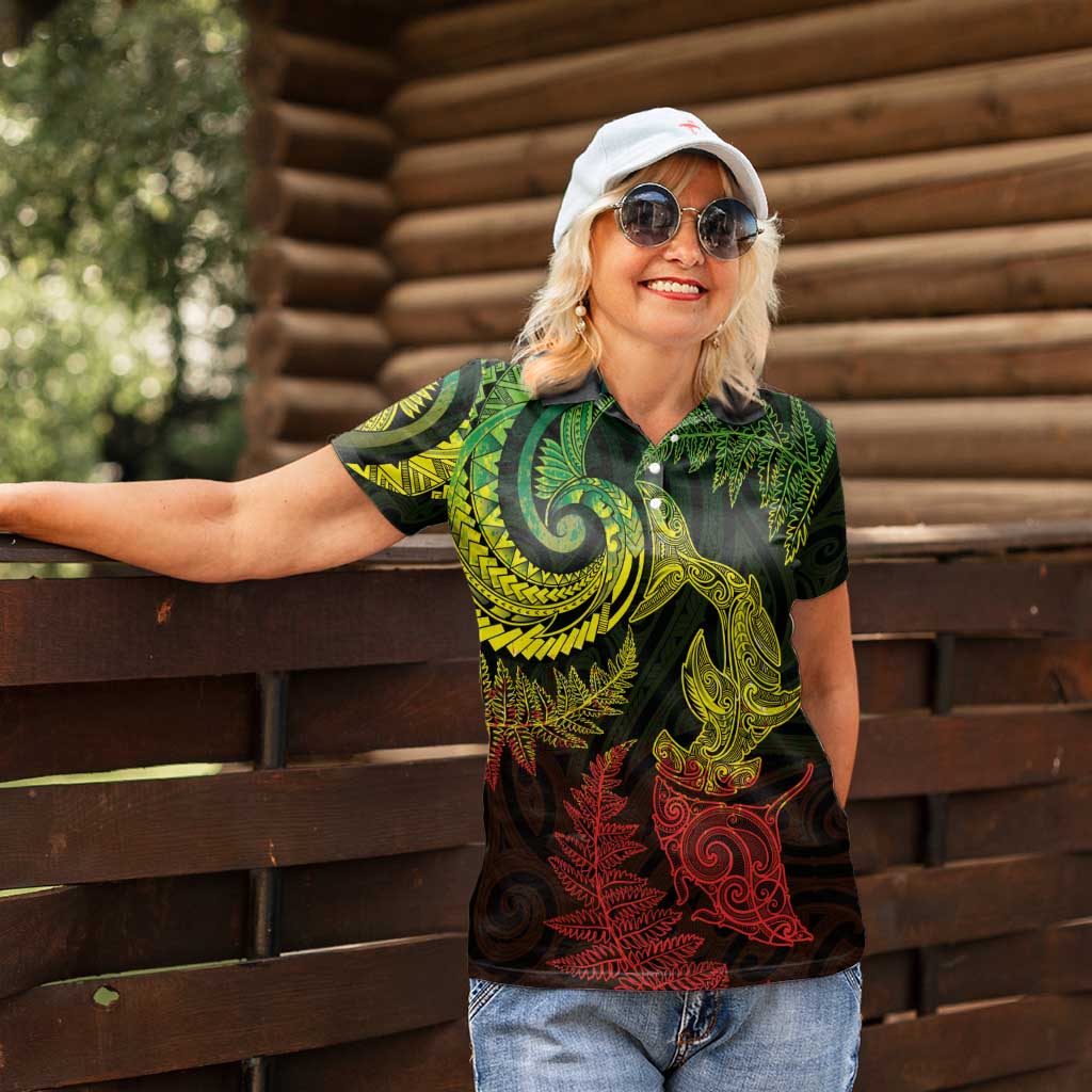 New Zealand Sea Animals with Maori Tribal Tattoo Women Polo Shirt Shark Manta Ray with Silver Fern Reggae