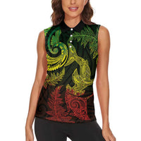 New Zealand Sea Animals with Maori Tribal Tattoo Women Sleeveless Polo Shirt Shark Manta Ray with Silver Fern Reggae
