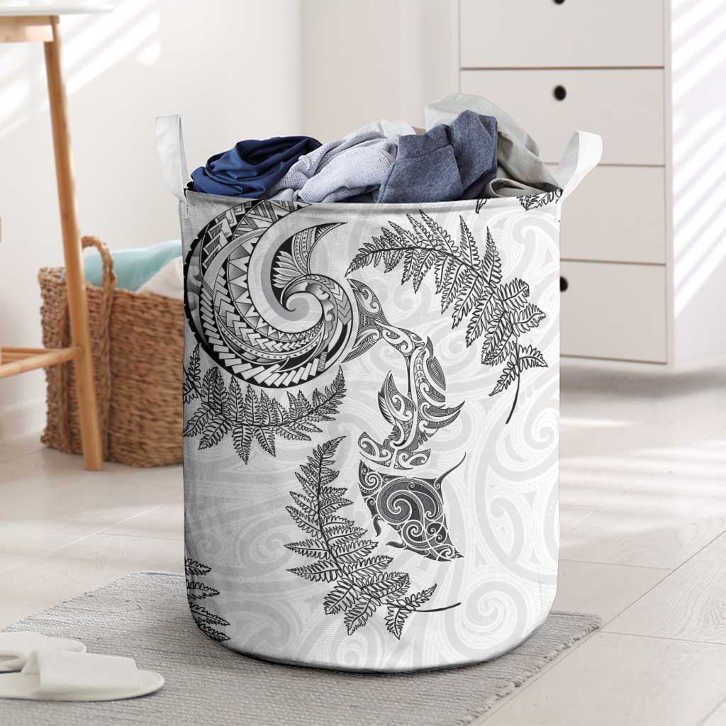 New Zealand Sea Animals with Maori Tribal Tattoo Laundry Basket Shark Manta Ray with Silver Fern White