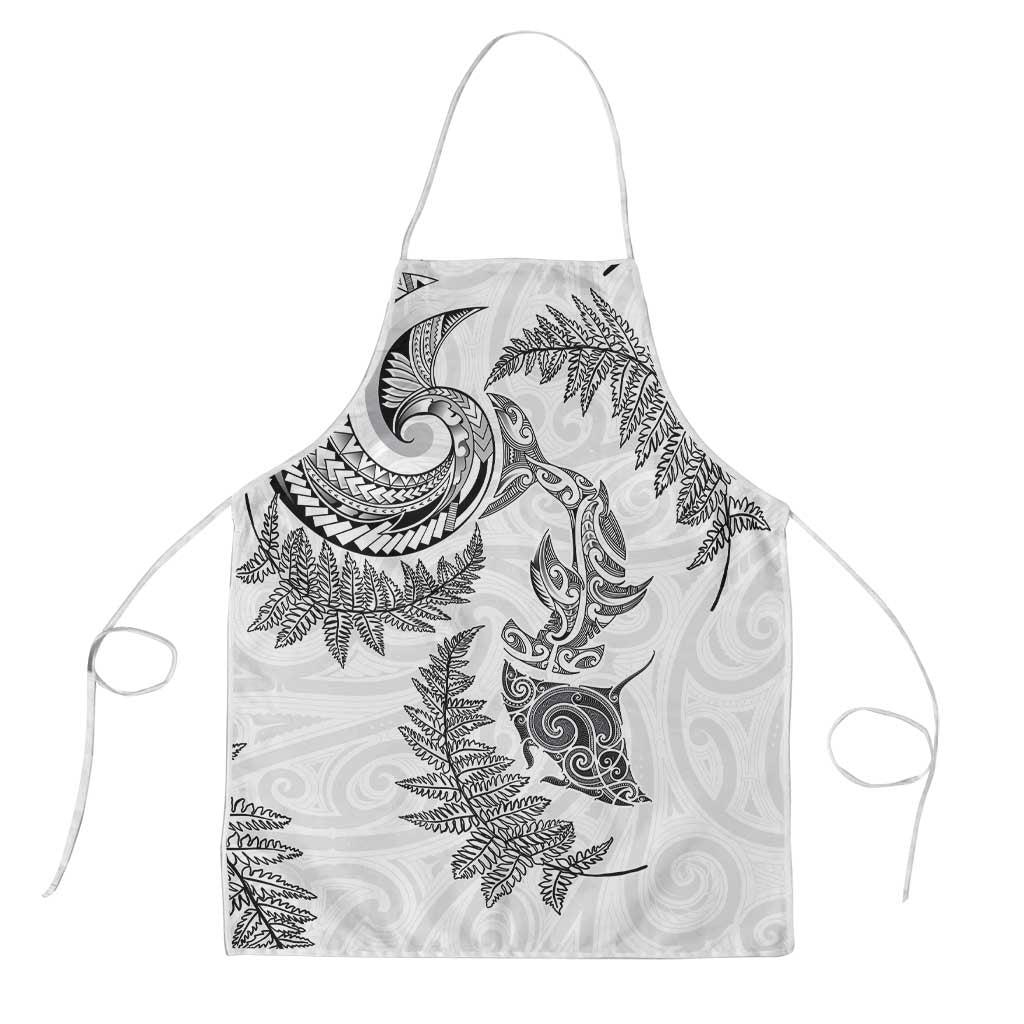 New Zealand Sea Animals with Maori Tribal Tattoo Apron Shark Manta Ray with Silver Fern White LT03 White - Polynesian Pride