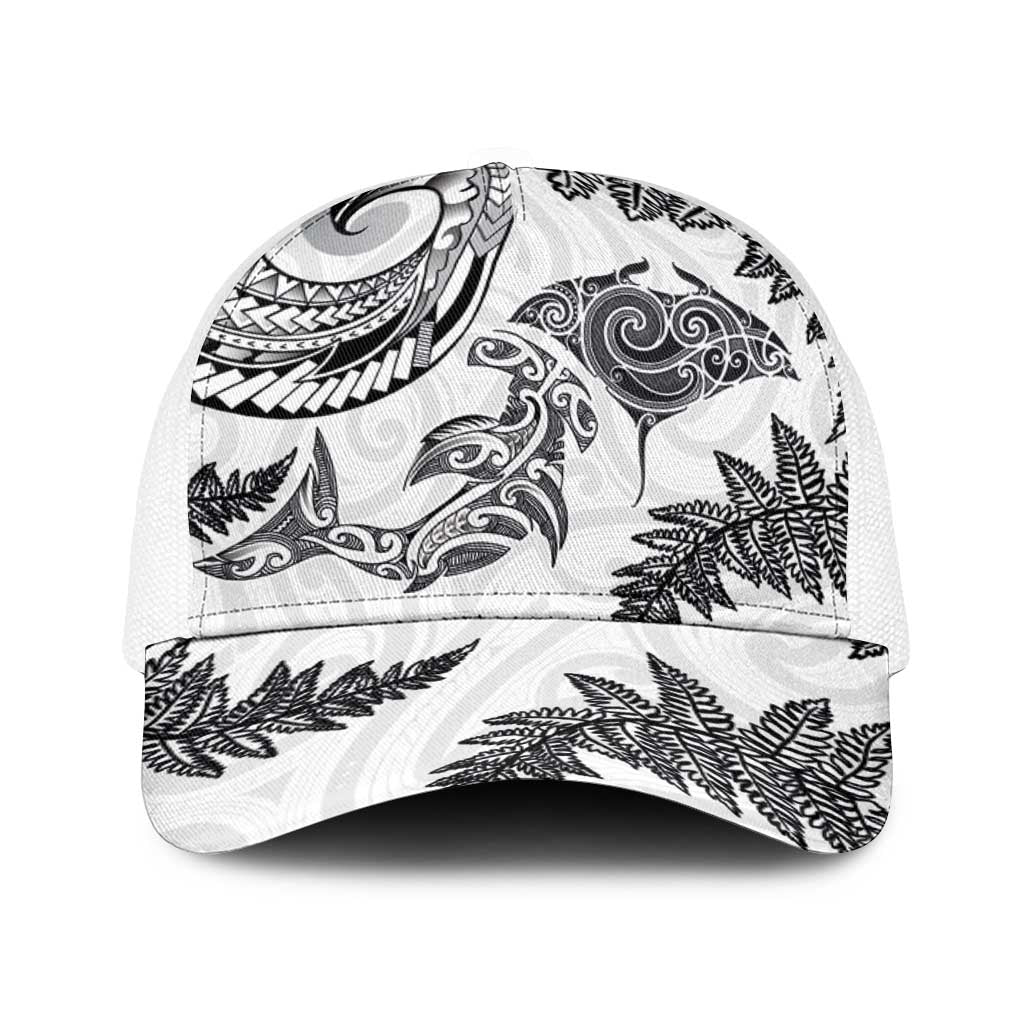 New Zealand Sea Animals with Maori Tribal Tattoo Baseball Net Cap Shark Manta Ray with Silver Fern White LT03 One Size White White - Polynesian Pride