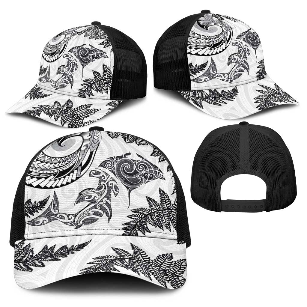 New Zealand Sea Animals with Maori Tribal Tattoo Baseball Net Cap Shark Manta Ray with Silver Fern White LT03 - Polynesian Pride