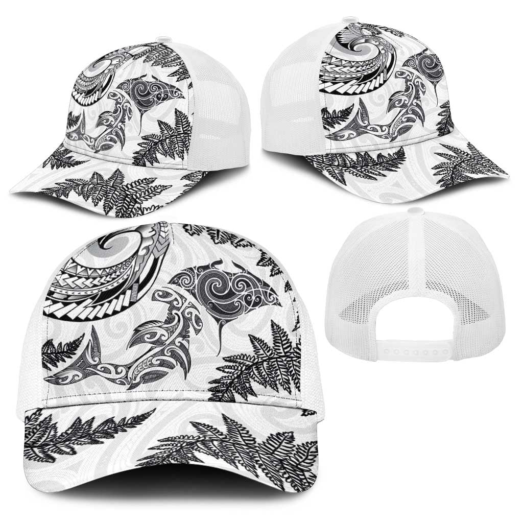 New Zealand Sea Animals with Maori Tribal Tattoo Baseball Net Cap Shark Manta Ray with Silver Fern White LT03 - Polynesian Pride