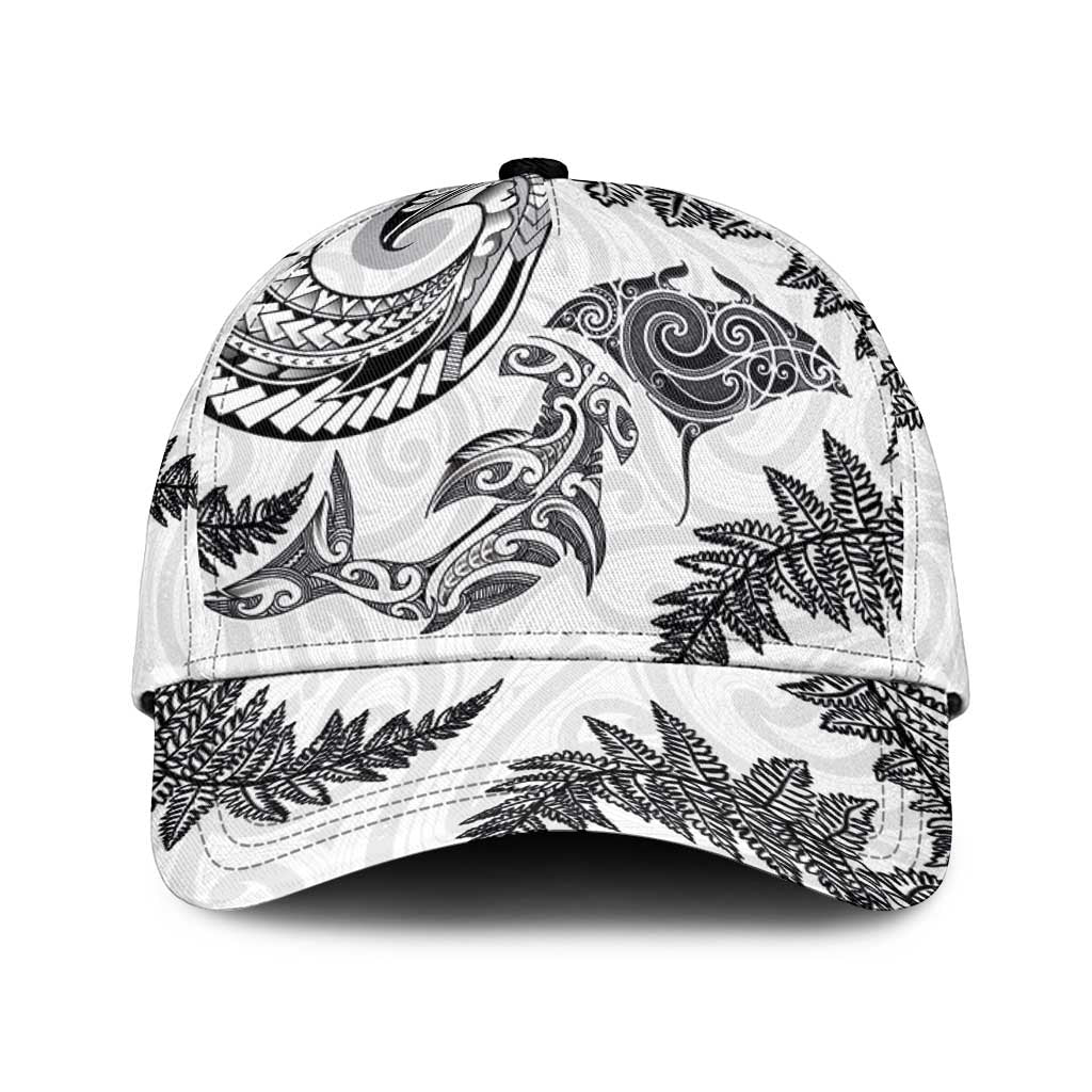 New Zealand Sea Animals with Maori Tribal Tattoo Classic Cap Shark Manta Ray with Silver Fern White