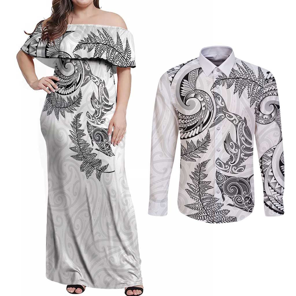 New Zealand Sea Animals with Maori Tribal Tattoo Couples Matching Off Shoulder Maxi Dress and Long Sleeve Button Shirt Shark Manta Ray with Silver Fern White