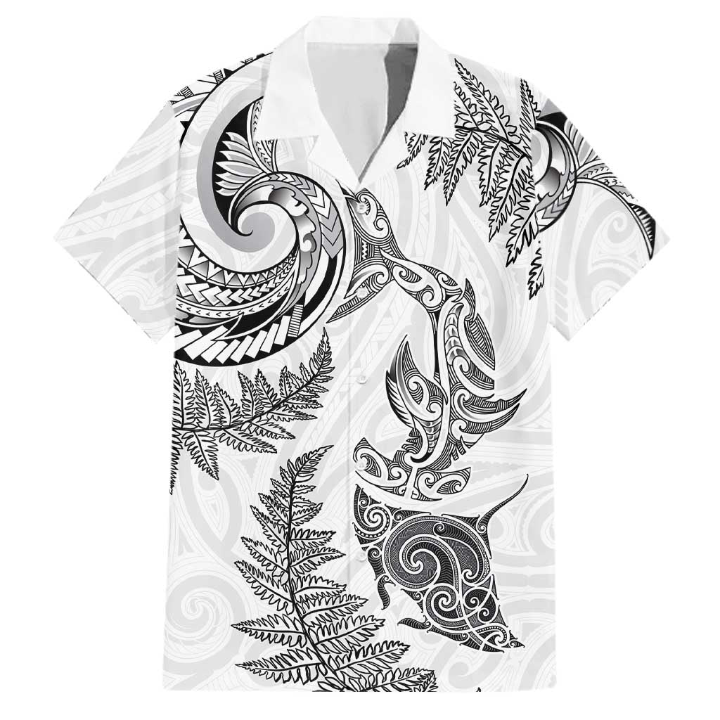 New Zealand Sea Animals with Maori Tribal Tattoo Family Matching Long Sleeve Bodycon Dress and Hawaiian Shirt Shark Manta Ray with Silver Fern White LT03 Dad's Shirt - Short Sleeve White - Polynesian Pride