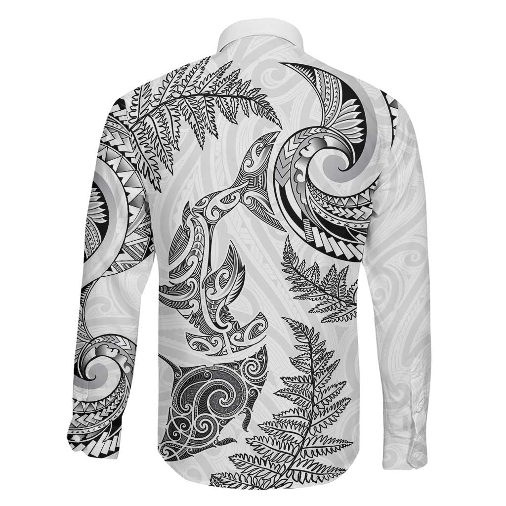 New Zealand Sea Animals with Maori Tribal Tattoo Family Matching Long Sleeve Bodycon Dress and Hawaiian Shirt Shark Manta Ray with Silver Fern White LT03 - Polynesian Pride