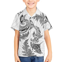 New Zealand Sea Animals with Maori Tribal Tattoo Family Matching Long Sleeve Bodycon Dress and Hawaiian Shirt Shark Manta Ray with Silver Fern White LT03 Son's Shirt White - Polynesian Pride