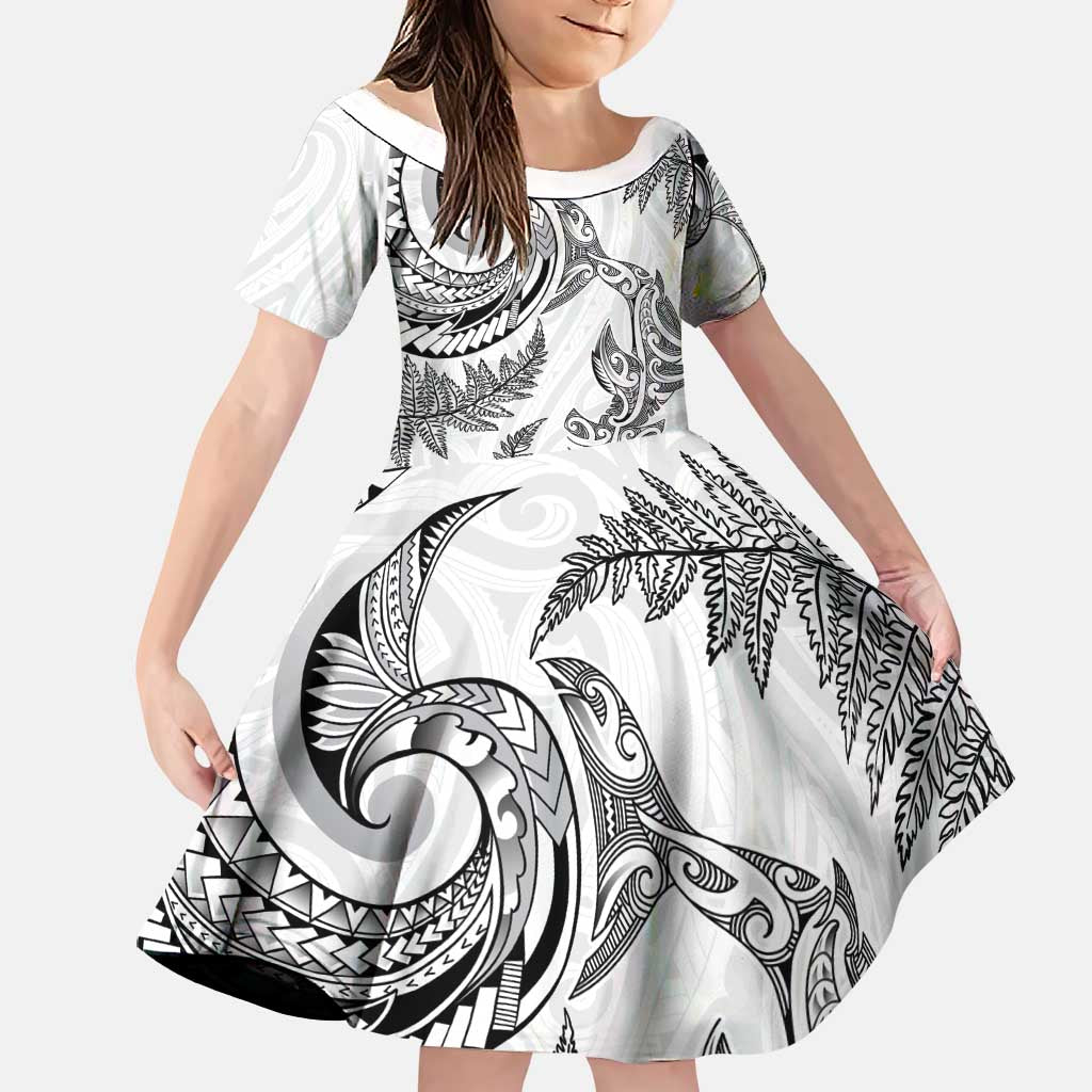 New Zealand Sea Animals with Maori Tribal Tattoo Family Matching Summer Maxi Dress and Hawaiian Shirt Shark Manta Ray with Silver Fern White LT03 Daughter's Dress White - Polynesian Pride