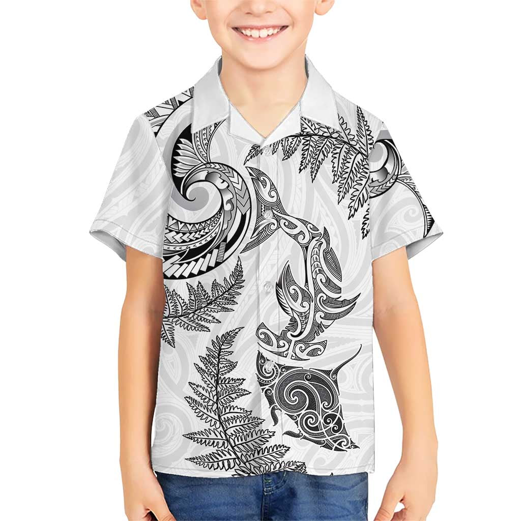 New Zealand Sea Animals with Maori Tribal Tattoo Family Matching Summer Maxi Dress and Hawaiian Shirt Shark Manta Ray with Silver Fern White LT03 Son's Shirt White - Polynesian Pride