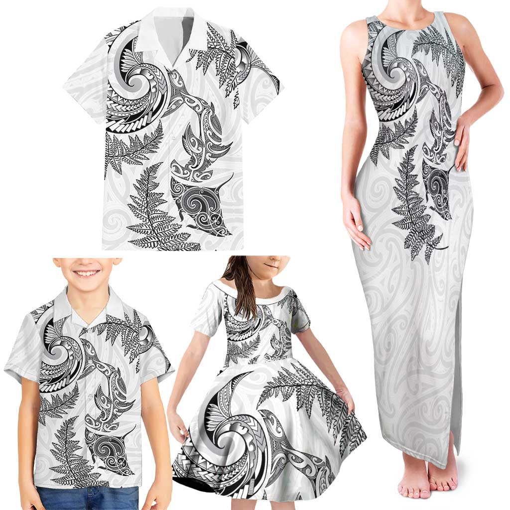 New Zealand Sea Animals with Maori Tribal Tattoo Family Matching Tank Maxi Dress and Hawaiian Shirt Shark Manta Ray with Silver Fern White