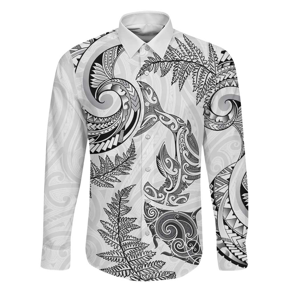 New Zealand Sea Animals with Maori Tribal Tattoo Family Matching Tank Maxi Dress and Hawaiian Shirt Shark Manta Ray with Silver Fern White LT03 Dad's Shirt - Long Sleeve White - Polynesian Pride