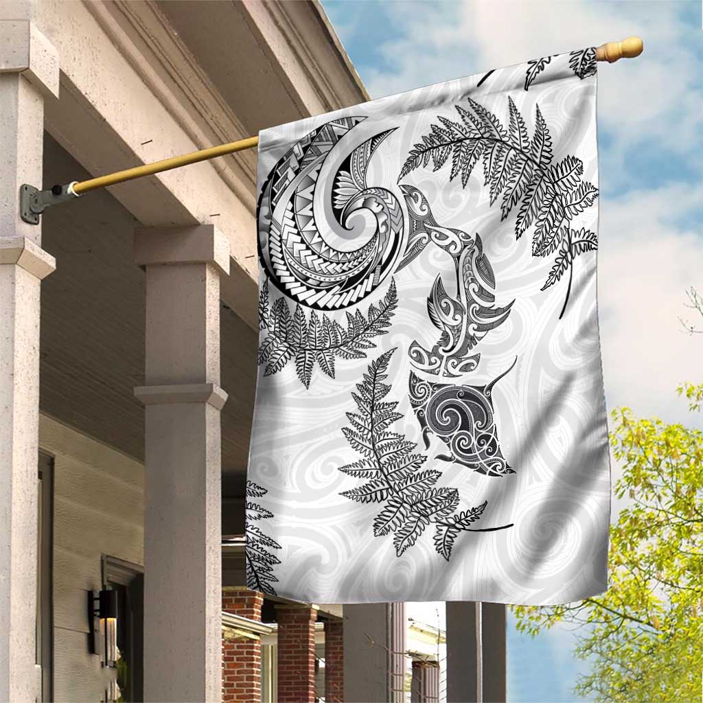 New Zealand Sea Animals with Maori Tribal Tattoo Garden Flag Shark Manta Ray with Silver Fern White