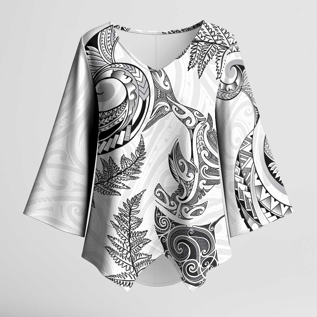New Zealand Sea Animals with Maori Tribal Tattoo Kimono Sleeve Blouse Shark Manta Ray with Silver Fern White