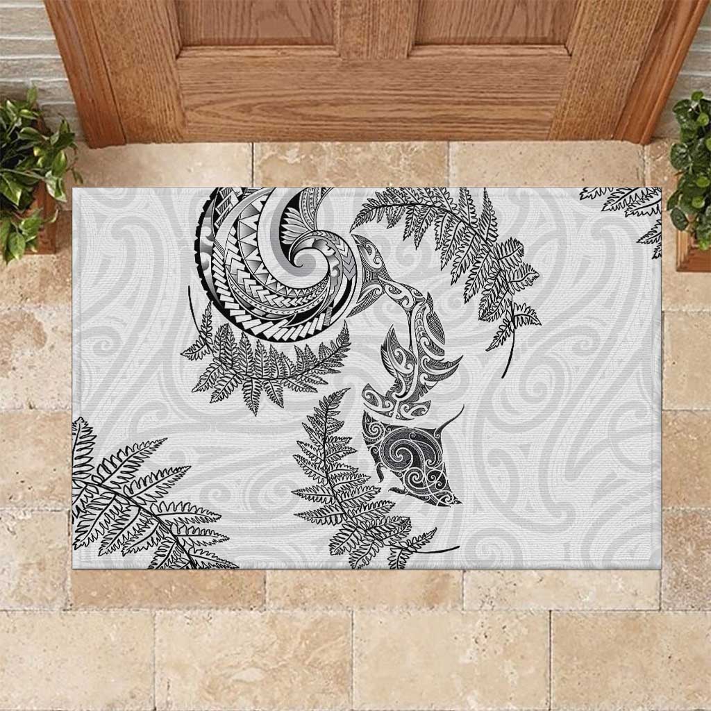 New Zealand Sea Animals with Maori Tribal Tattoo Rubber Doormat Shark Manta Ray with Silver Fern White