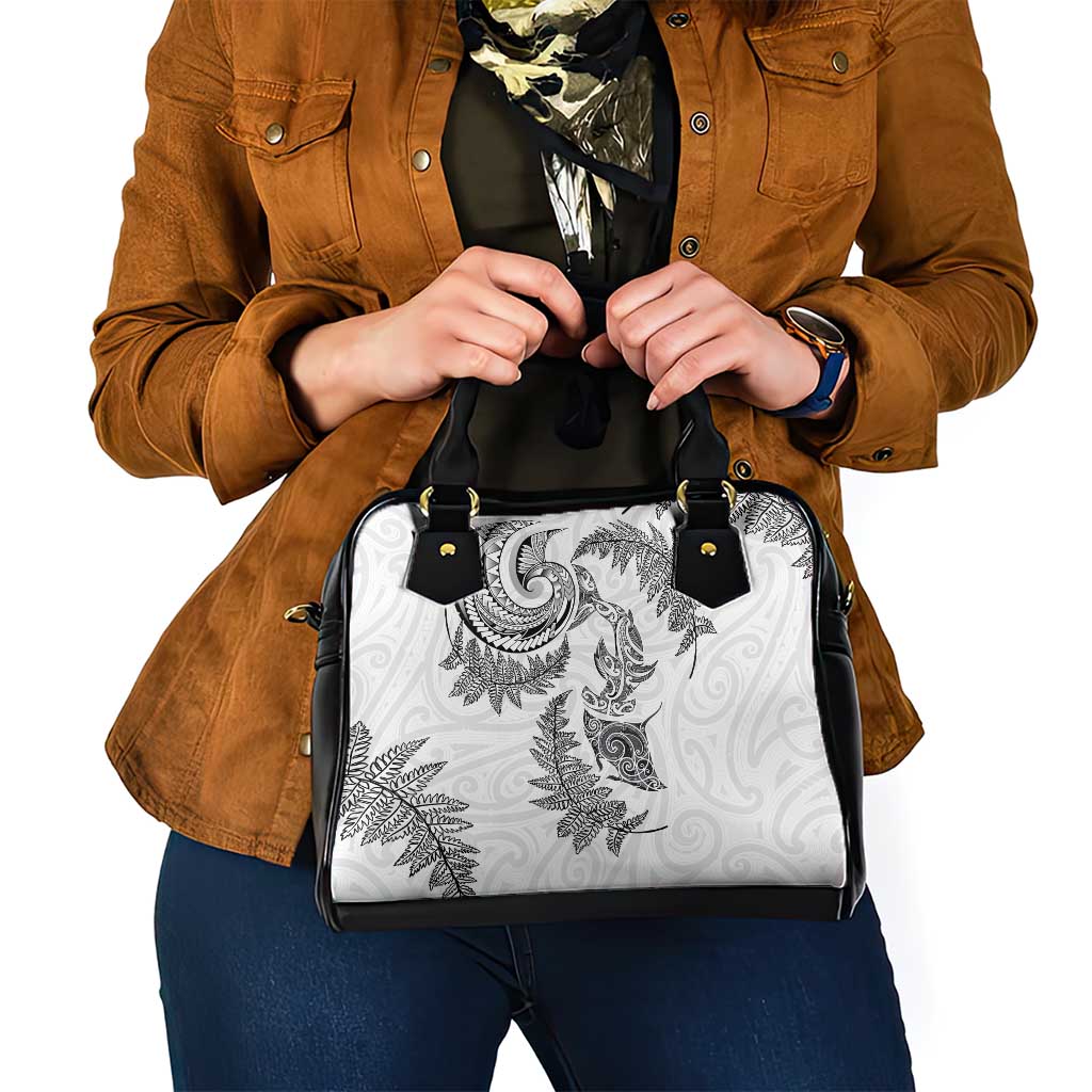 New Zealand Sea Animals with Maori Tribal Tattoo Shoulder Handbag Shark Manta Ray with Silver Fern White