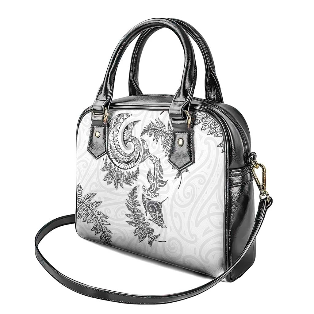 New Zealand Sea Animals with Maori Tribal Tattoo Shoulder Handbag Shark Manta Ray with Silver Fern White