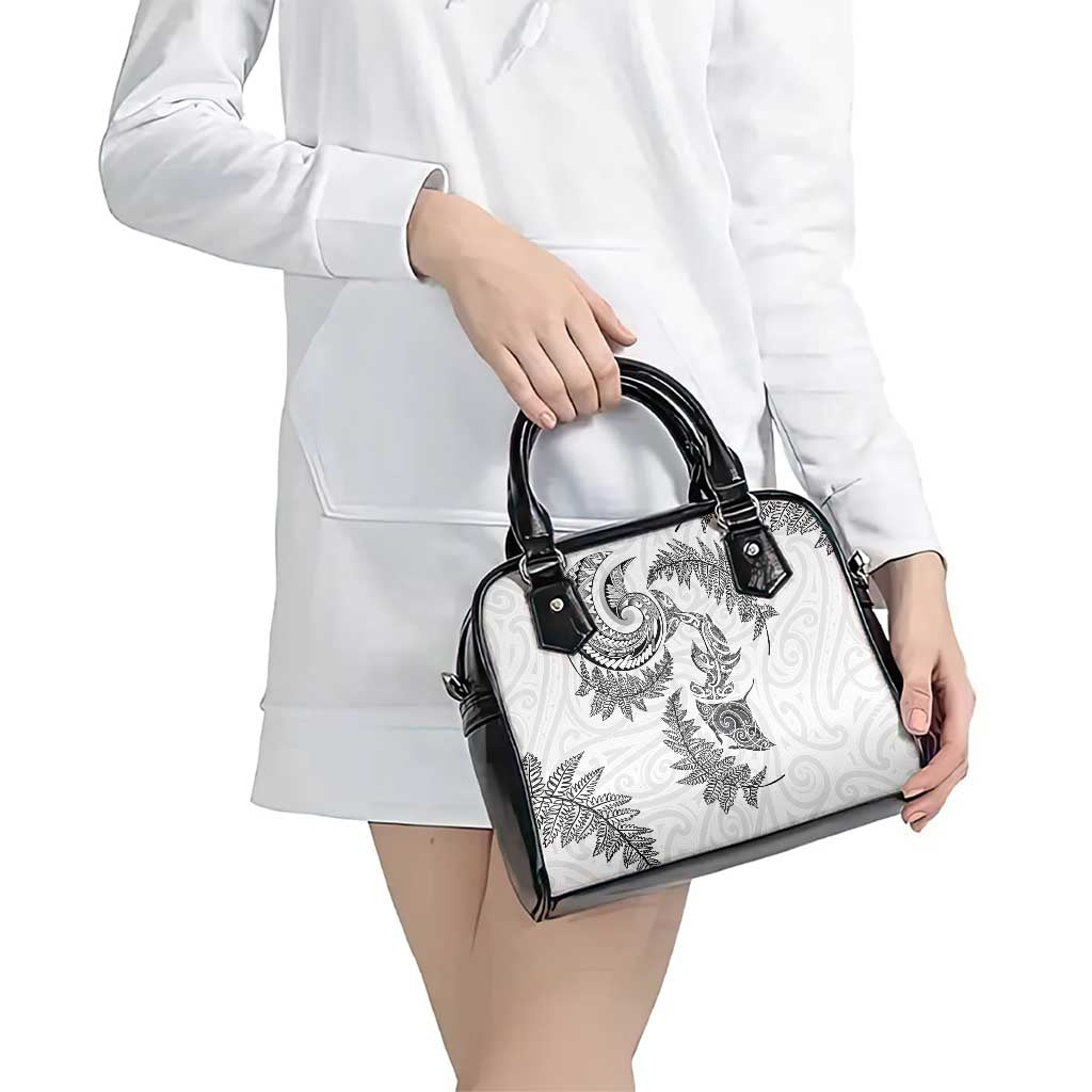 New Zealand Sea Animals with Maori Tribal Tattoo Shoulder Handbag Shark Manta Ray with Silver Fern White