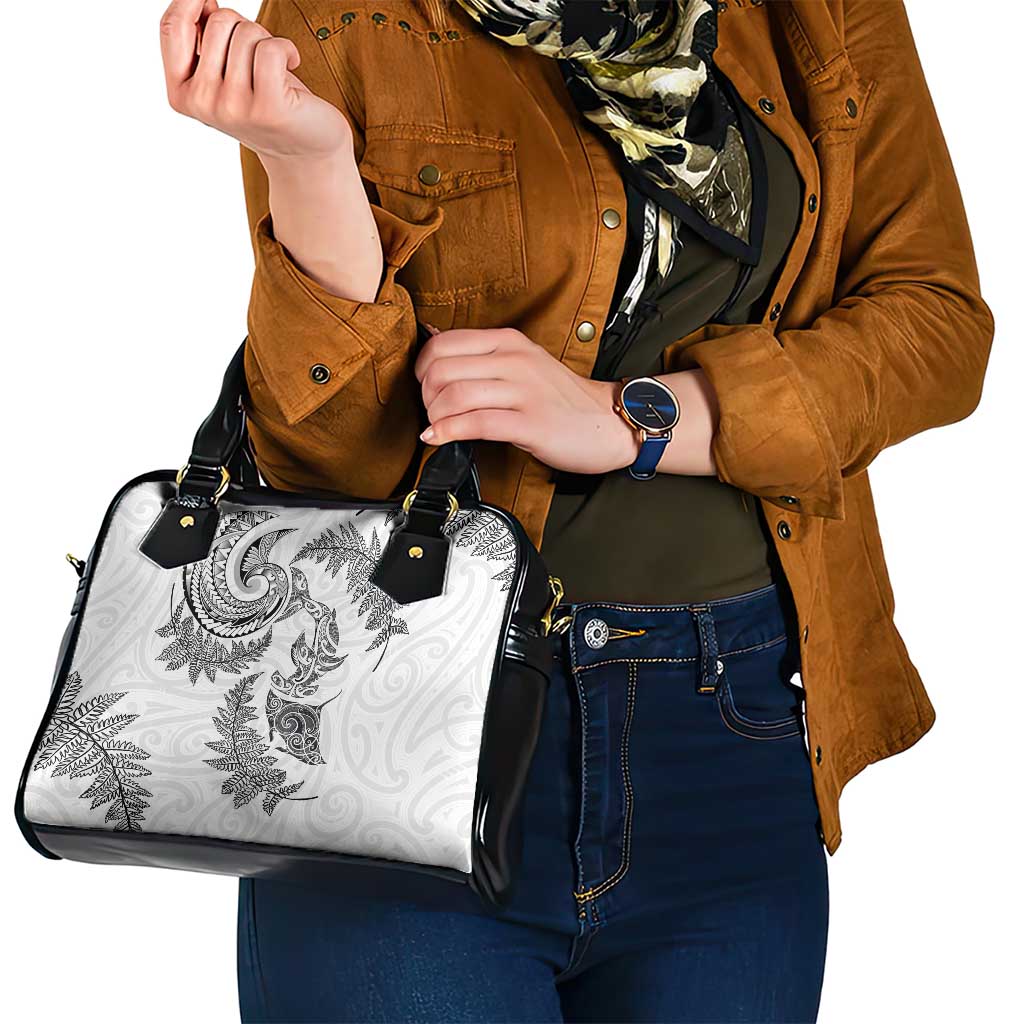 New Zealand Sea Animals with Maori Tribal Tattoo Shoulder Handbag Shark Manta Ray with Silver Fern White
