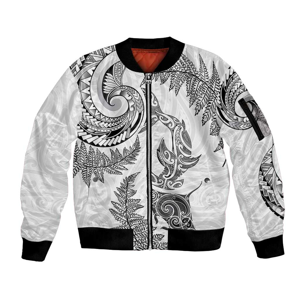 New Zealand Sea Animals with Maori Tribal Tattoo Sleeve Zip Bomber Jacket Shark Manta Ray with Silver Fern White