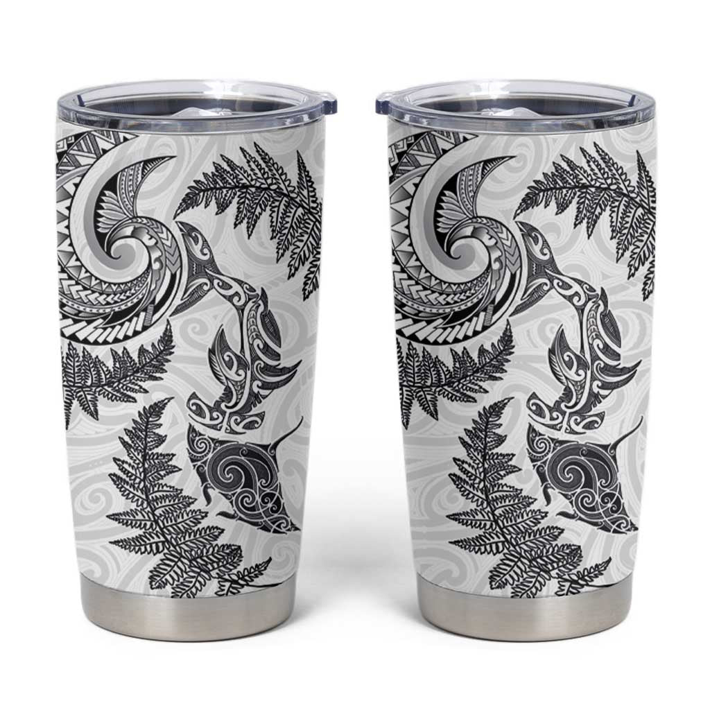 New Zealand Sea Animals with Maori Tribal Tattoo Tumbler Cup Shark Manta Ray with Silver Fern White