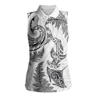 New Zealand Sea Animals with Maori Tribal Tattoo Women Sleeveless Polo Shirt Shark Manta Ray with Silver Fern White