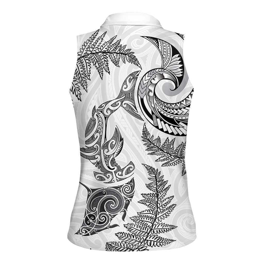 New Zealand Sea Animals with Maori Tribal Tattoo Women Sleeveless Polo Shirt Shark Manta Ray with Silver Fern White