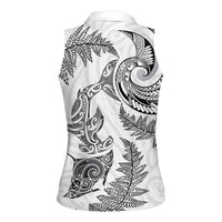 New Zealand Sea Animals with Maori Tribal Tattoo Women Sleeveless Polo Shirt Shark Manta Ray with Silver Fern White