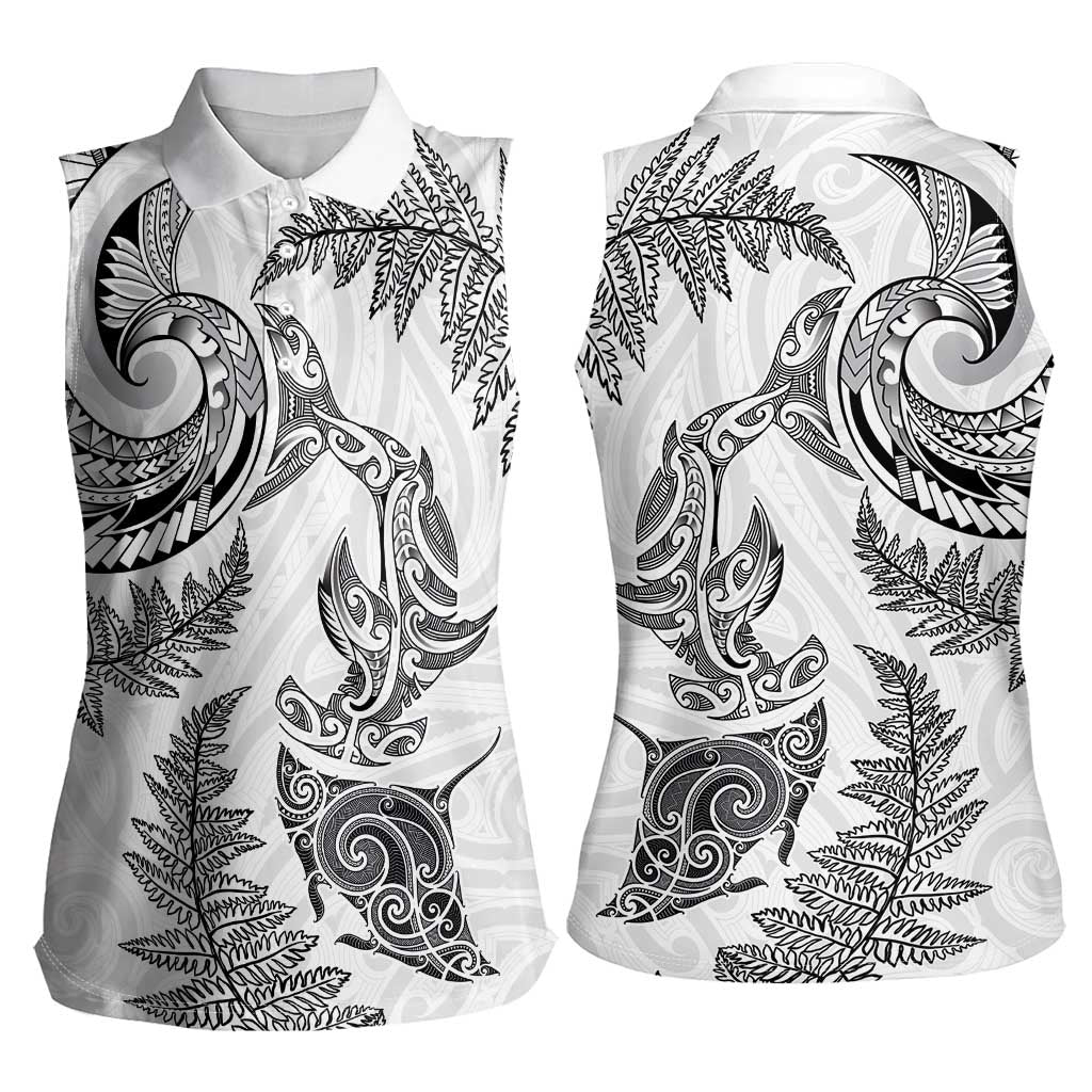 New Zealand Sea Animals with Maori Tribal Tattoo Women Sleeveless Polo Shirt Shark Manta Ray with Silver Fern White