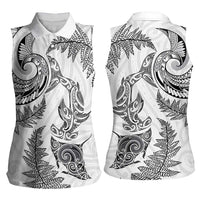 New Zealand Sea Animals with Maori Tribal Tattoo Women Sleeveless Polo Shirt Shark Manta Ray with Silver Fern White