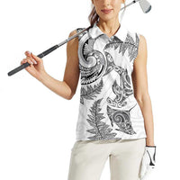 New Zealand Sea Animals with Maori Tribal Tattoo Women Sleeveless Polo Shirt Shark Manta Ray with Silver Fern White