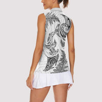 New Zealand Sea Animals with Maori Tribal Tattoo Women Sleeveless Polo Shirt Shark Manta Ray with Silver Fern White
