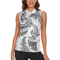 New Zealand Sea Animals with Maori Tribal Tattoo Women Sleeveless Polo Shirt Shark Manta Ray with Silver Fern White