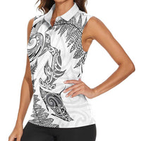 New Zealand Sea Animals with Maori Tribal Tattoo Women Sleeveless Polo Shirt Shark Manta Ray with Silver Fern White