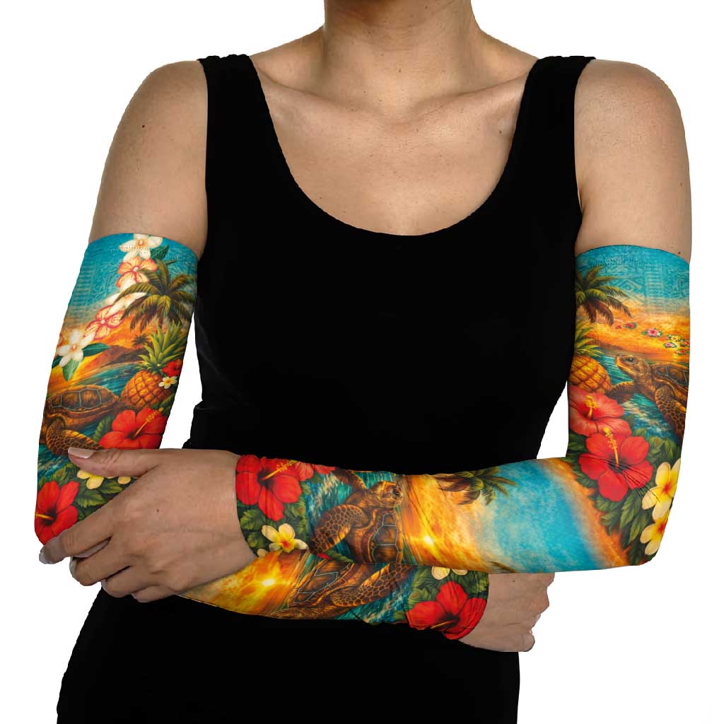 Hawaiian Turtles on Beach Arm Sleeves with Pineapple Tropical Plant and Lei